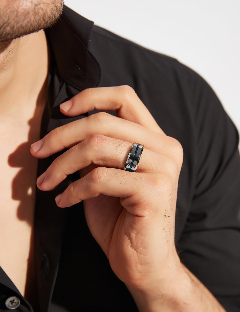 Greenpod 8MM Tungsten Carbide Rings Silver Blue High Polished Beveled Edge Wedding Band for Men Women Engraved I Love You Size 11 - Image 5